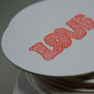Image of LOVE, letterpress coasters set of 8