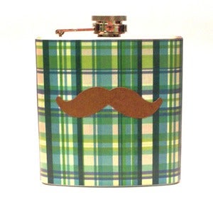 Image of Retro Plaid Brown Stache - 6oz Cocktail Flask