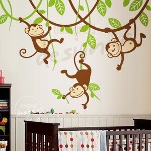 Image of Three Monkeys Swinging on Vines - dd1049 - Kids Vinyl Wall Sticker Decal Art
