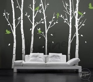 Image of Vinyl Wall Decal Sticker Art - Birds in the Urban Forest 101in tall 6 leafy trees - Large - dd1014