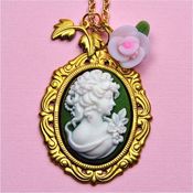 Image of Aurora - Gold Green White and Pink Cameo Necklace with Flower 