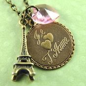 Image of Je T'aime - Bronze and Pink French Eiffel Tower Necklace with Swarovski Heart