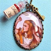 Image of You're Just A Pack Of Cards - Bronze Alice in Wonderland Necklace with Bottle and Key