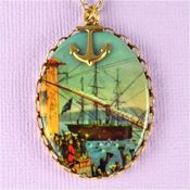 Image of  Maiden Voyage - Gold and Blue Ship Cameo Necklace with Anchor