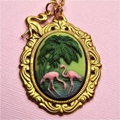 Image of Flamingo A-Go-Go - Green Pink and Gold Cameo Necklace