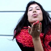 Image of Poofy mohair scarf: pink mohair w/ bright orange