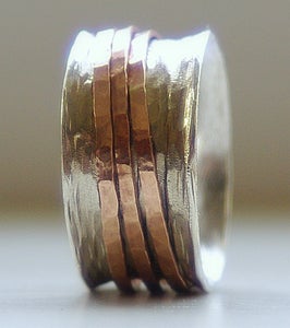 Image of Unique Wedding Ring: Rustic Sterling Silver and 14k rose gold fill wide spinner ring