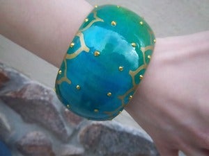Image of Turquoise and Gold Hand-Painted wood bangle bracelet