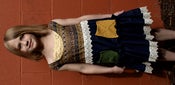 Image of vintage blue with lace trim and floral top with knitted square pockets & peek-a-boo lace on top