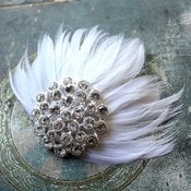 Image of "Melody" Feather Hair Fascinator with Rhinestones - White or Ivory