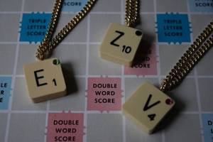 Image of Vintage Scrabble Initial Necklace with Coloured Gem on Gold Coloured Chain (Free P&P)
