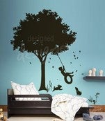 Image of Little Boy Swinging under Tree on Tyre Swing - Kids Vinyl Wall Sticker Decal Art