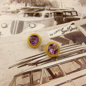Image of Gold Amethyst Button Earrings