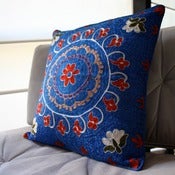 Image of Silk and Cotton Embroidered Uzbek Cushion Cover Bright Blue 44 x 44 cm
