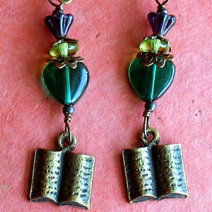 Image of Brass Toned Book Heart Earrings