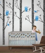 Image of Wild Birch Woods Forest with Owls - 101in tall 5 trees - dd1045 LARGE Vinyl Wall Decal Sti