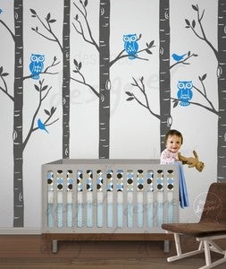 Image of Wild Birch Woods Forest with Owls - 101in tall 5 trees - dd1045 LARGE Vinyl Wall Decal Sti