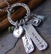 Image of rustic love hand stamped fine silver and gem stone mother's necklace