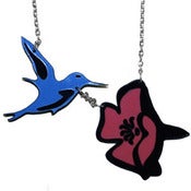 Image of Ltd. Edition Hummingbird and Flower Necklace made from recycled vinyl records.