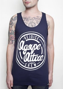 Image of "Rejoice Crew" on Navy Blue Tank Top