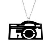 Image of Camera Necklace/Earrings made from a recycled vinyl record.