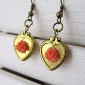 Image of Heart Locket and Coral Rose Earrings