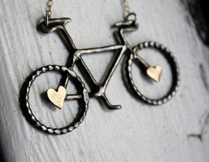 Image of Black and Gold- Oxidized Sterling Silver Bike Pendant with Brass Hearts