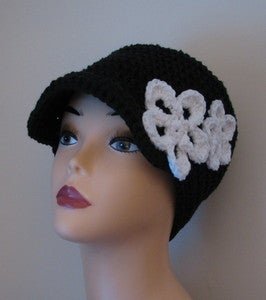 Newsboy Baby Hat Pattern - Black Cotton Crochet Visor Beanie - 0
