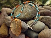 Image of Southwest Dusk Pendant Necklace- Turquoise, Carnelian Heishe, Genuine Copperplated Leaf