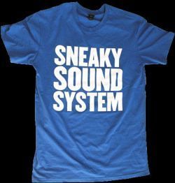 Image of Blue tee with 'Sneaky Sound System' in block white text