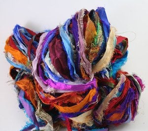 Image of Multicolored Tibet Jewels Silk Sari Strip Ribbon Yarn 100g