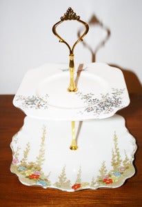 Image of 2 Tier 'Birds & the Bees' White Art Deco Vintage Cupcake Stand