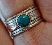 Image of Rustic, distressed chunky set of turquoise & sterling silver stacking rings