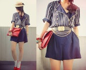 Image of Vintage 80s navy striped military romper onesie S/M