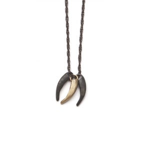 Image of one 14k & two oxidized silver own claws on 28” oxidized silver rope-chain (P24sil14k28)