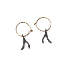 Image of 14k gold hoop w/ oxidized silver small double branch (E08sil14k)