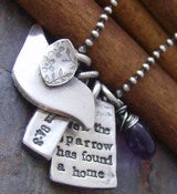 Image of Even the sparrow  hand stamped fine silver and gem stone bird necklace