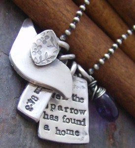 Image of Even the sparrow  hand stamped fine silver and gem stone bird necklace