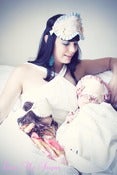 Image of Sleep mask "Cherie" in cream satin and baby blue trim 