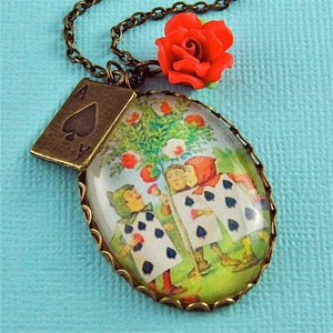 Image of Painting The Roses Red - Bronze Alice in Wonderland Cards Necklace
