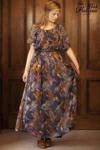 Image of 70s Inspired Drawstring Bohemian Dress (Orange feather)
