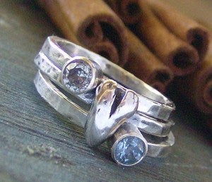 Image of Heart and stone hand stamped silver and faceted gem stone stacking rings