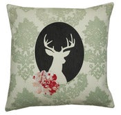 Image of Handmade cushion on natural fabrics – green deer cameo