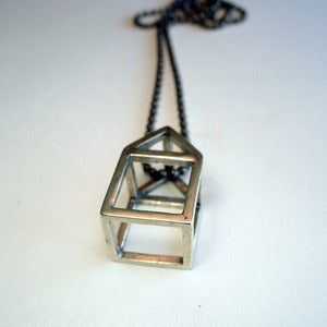 Image of Sterling Silver House Pendant on 30" Oxidized Sterling Silver Ball Chain