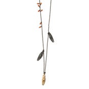 Image of one brass & two oxidized silver small crayfish claws w/ carnelian on 22" cable chain (P32silBra22)