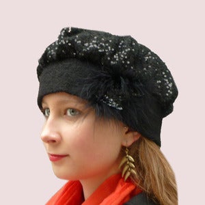 Image of French Encounter Beret in Black Sequined Wool Knit