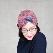 Image of Plaid cloche hat in red & blue wool gabardine : Heady Concoction 
