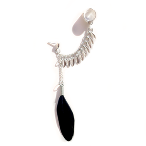 Image of Black feather and teardrop ear cuff (silver)
