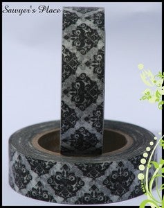 Image of Black & White Damask Japanese Washi Tape - Ophelia Regal Damask - 15mm x 15m