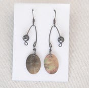 Image of fish lure inspired abalone shell & balck pearl in oxidized sterling silver